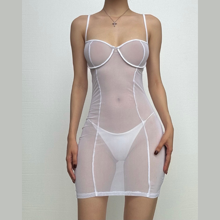 Sheer mesh see through solid low cut cami mini dress-final-sale
