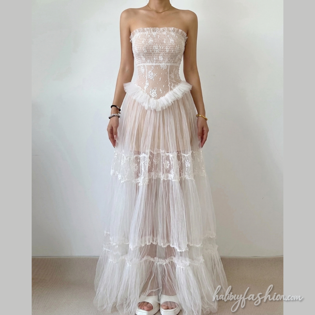 Mesh ruffle halter ruched backless maxi dress