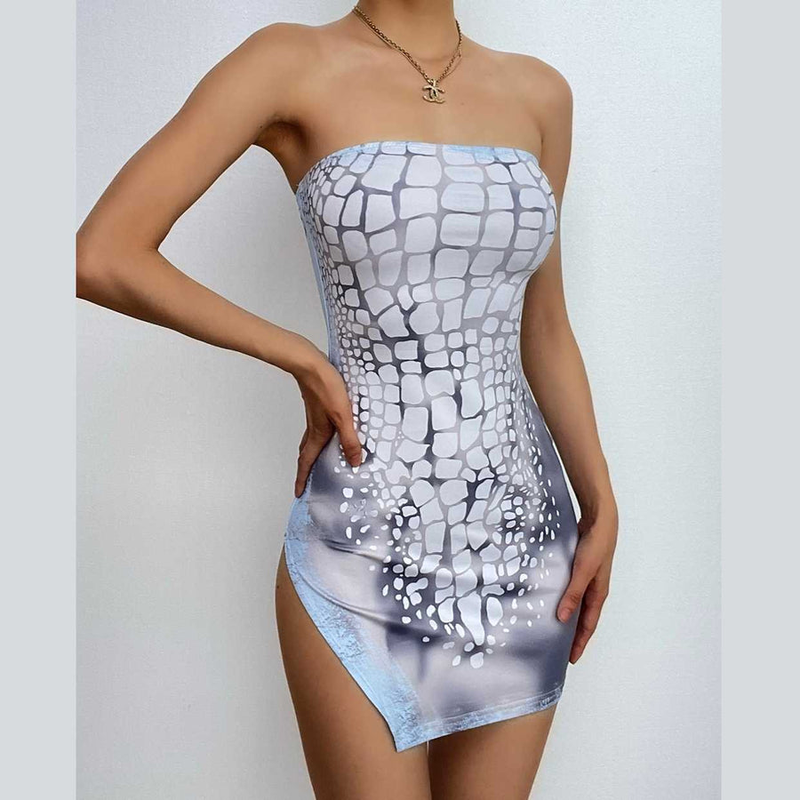 Contrast print slit low cut irregular tube mini dress