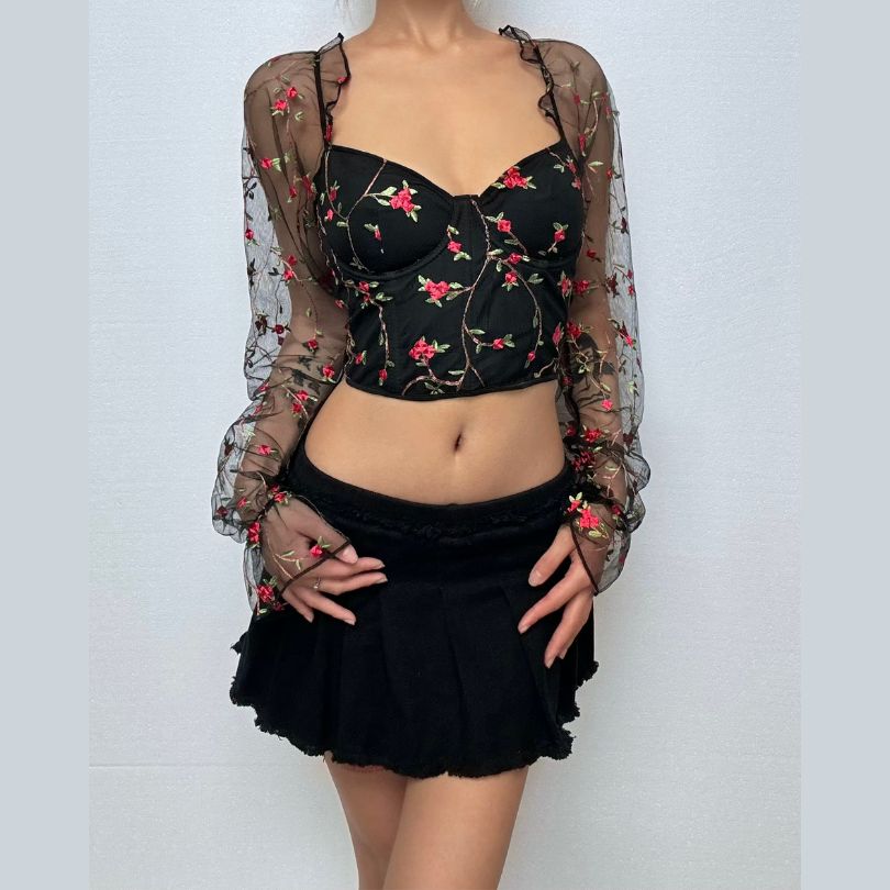 Flower embroidery bustier lace up top  | Festival Outfits Women
