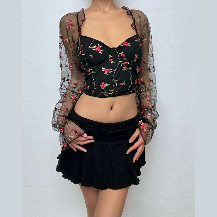 Flower embroidery bustier lace up top  | Festival Outfits Women