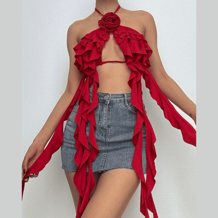 Halter flower applique ruffle backless top-final-sale