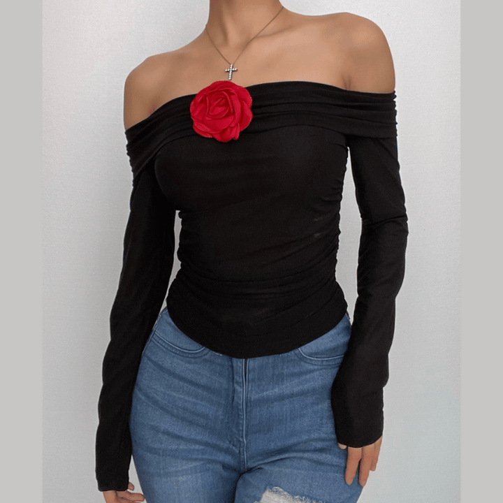 See through flower applique off shoulder ruched long sleeve top-final-sale  | Festival Outfits Women