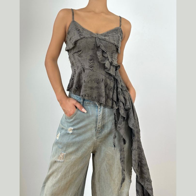 V neck ruffle irregular backless solid cami top  | Festival Outfits Women