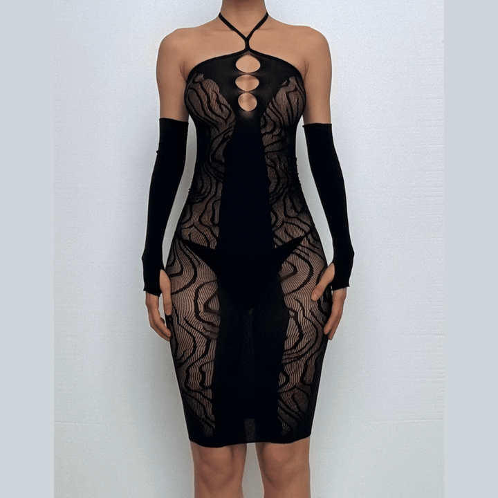 Halter zebra gloves hollow out cami cut out midi dress  | Festival Outfits Women