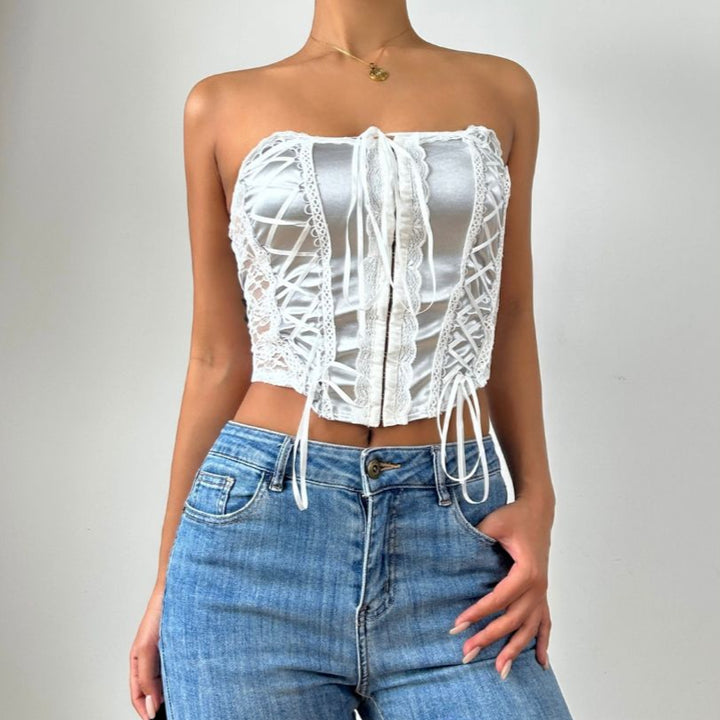 Lace up bustier button backless tube top  | Festival Outfits Women-final-sale