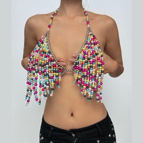 V neck halter contrast beaded backless crop top  | Festival Outfits Women