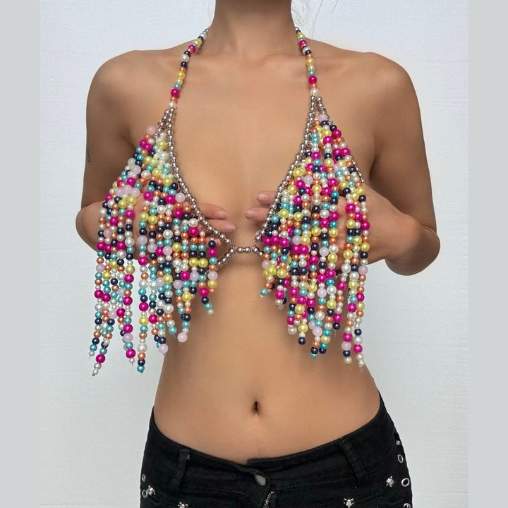 V neck halter contrast beaded backless crop top  | Festival Outfits Women