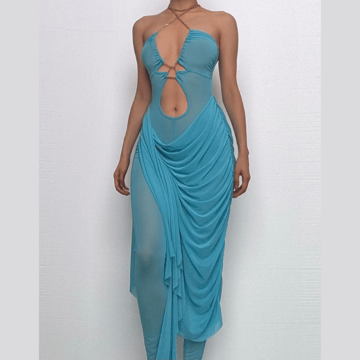 Metal chain halter ruched sheer mesh hollow out cut out maxi dress  | Festival Outfits Women
