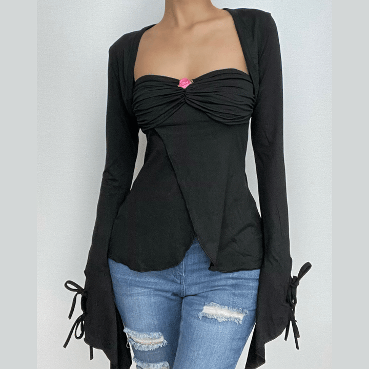 Long sleeve self tie ruched flower applique ruffle solid mini skirt set-final-sale  | Festival Outfits Women