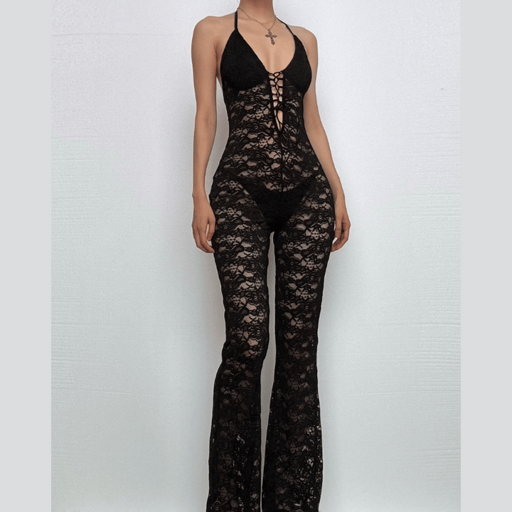 Halter lace lace up see through jumpsuit  | Festival Outfits Women