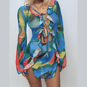Long sleeve ruffle contrast slit mesh mini skirt set  | Festival Outfits Women