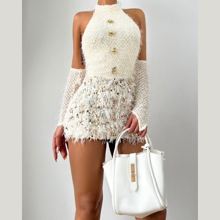Halter glitter gloves raw hem backless mini dress