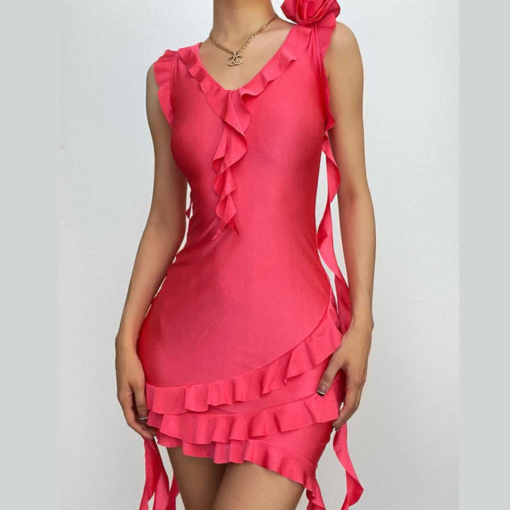 Sleeveless v neck ruffle flower applique ribbon mini dress-final-sale  | Festival Outfits Women