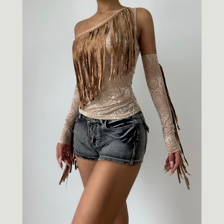 Irregular mesh gloves one shoulder print top  | Festival Outfits Women-final-sale