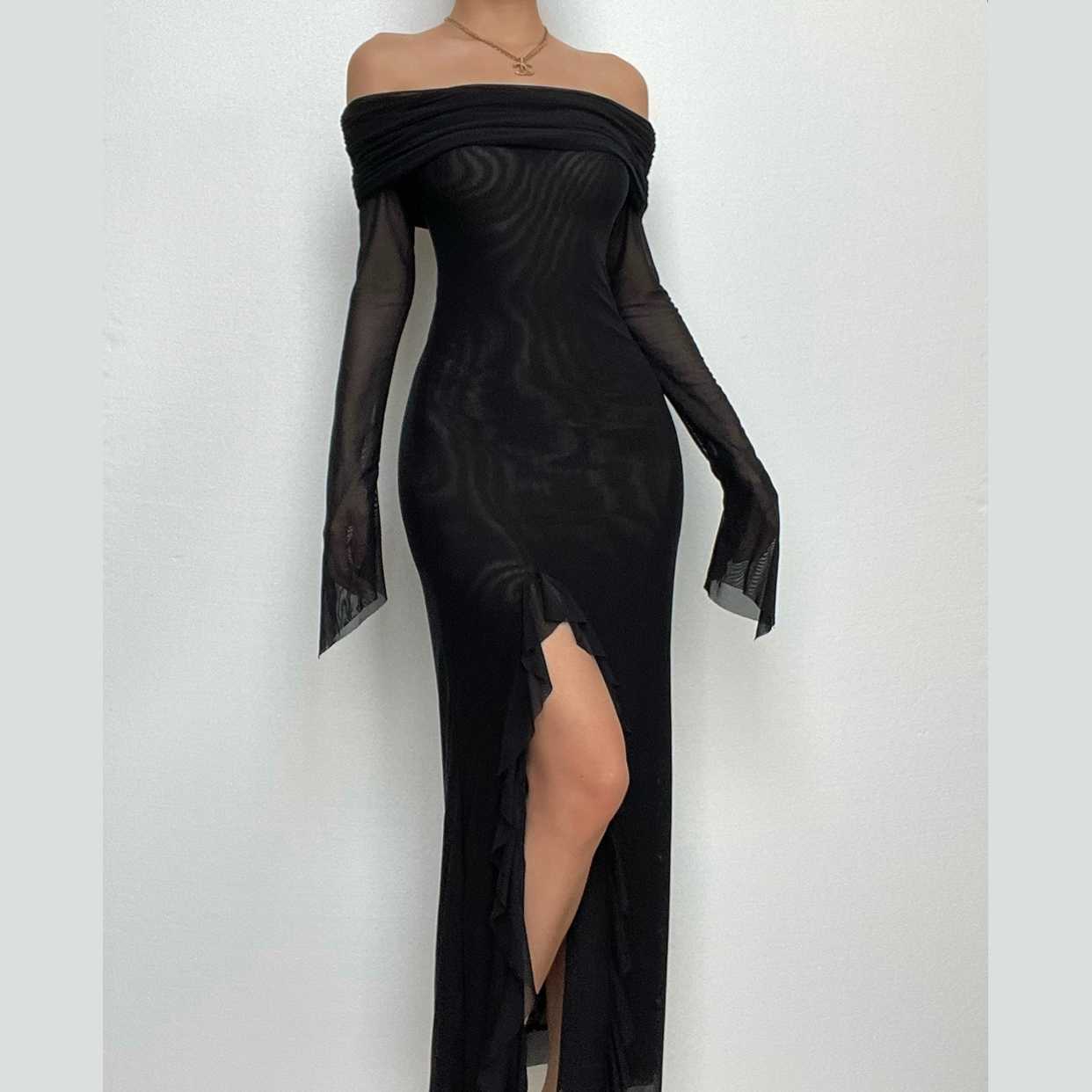 Off shoulder slit sheer mesh see through long sleeve maxi dress – Halibuy