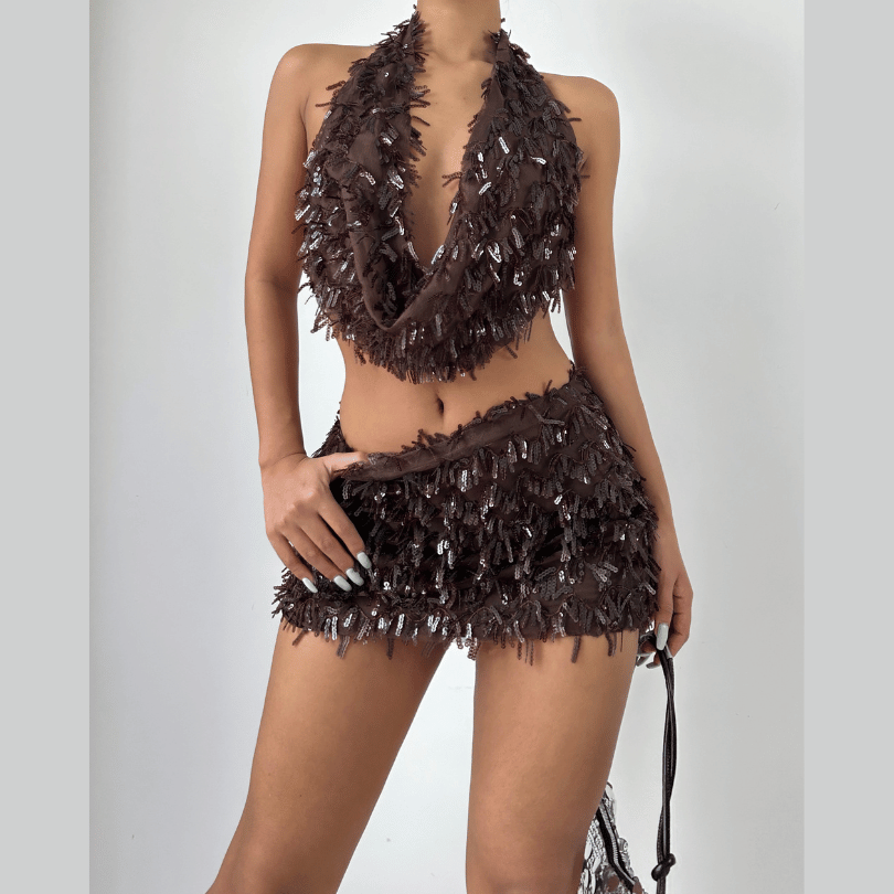 Glitter cowl neck halter backless mini skirt set  | Festival Outfits Women