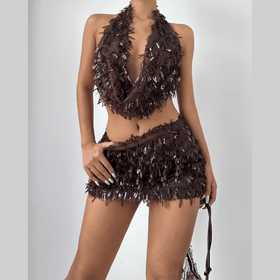 Glitter cowl neck halter backless mini skirt set  | Festival Outfits Women