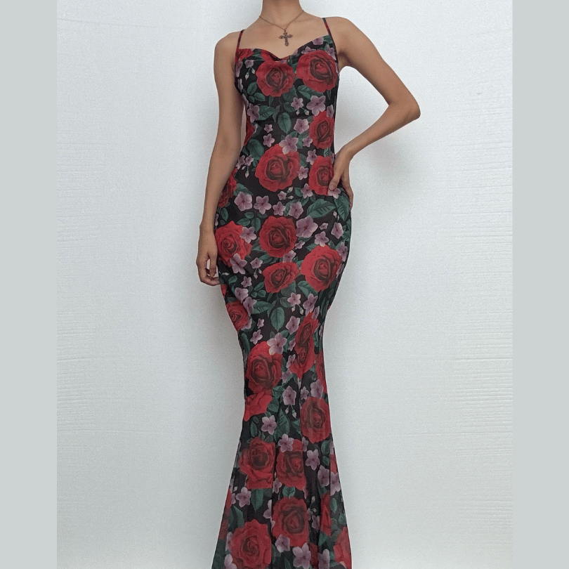 Cowl neck flower print contrast backless cami maxi dress-final-sale  | Festival Outfits Women