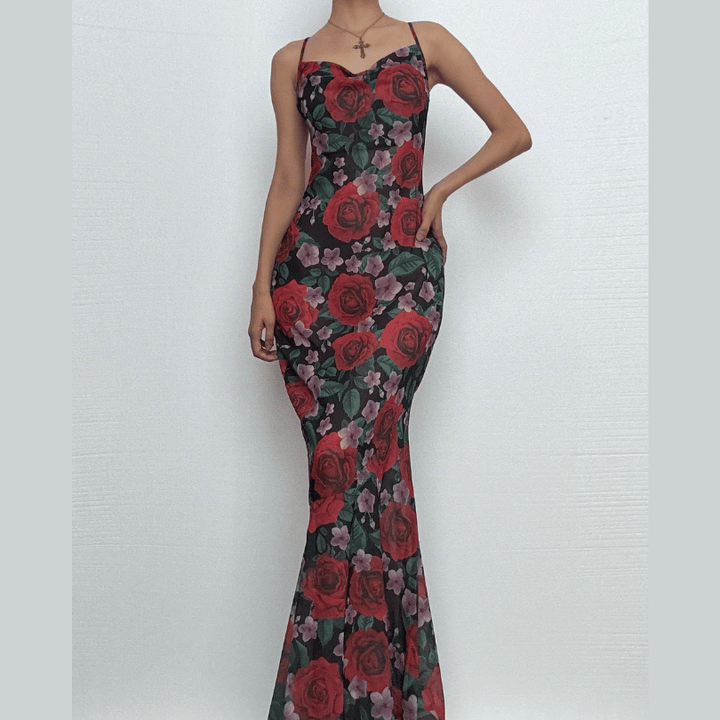 Cowl neck flower print contrast backless cami maxi dress-final-sale  | Festival Outfits Women