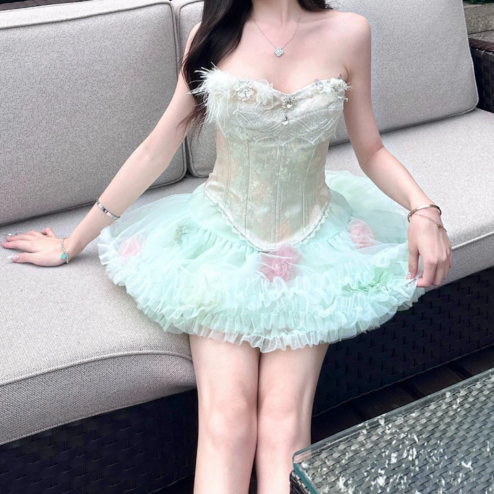 Lace hem mesh ruffle tube backless mini skirt set  | Festival Outfits Women