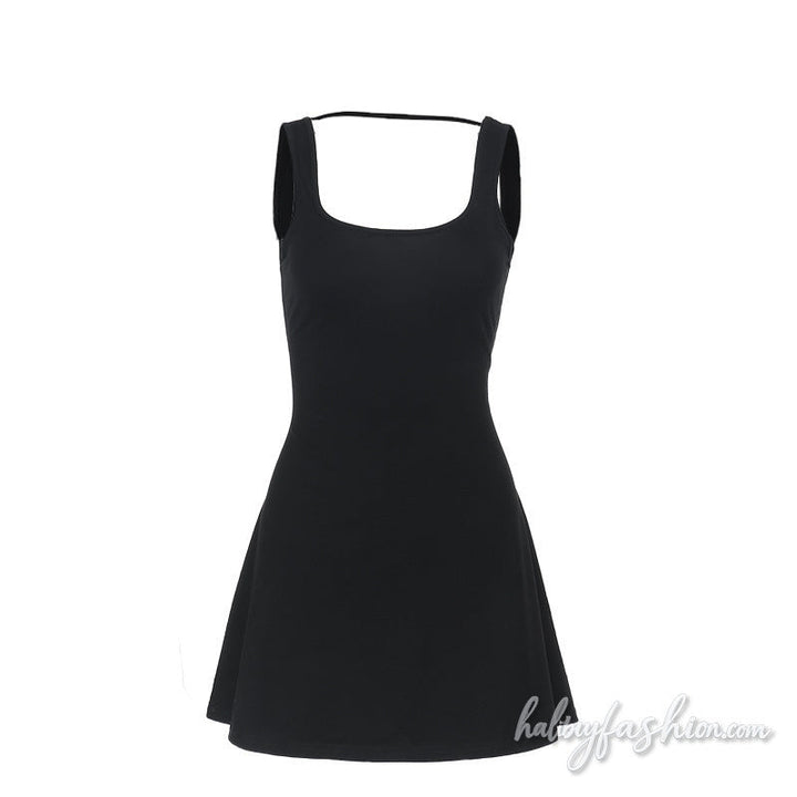 U neck backless solid A line cami mini dress