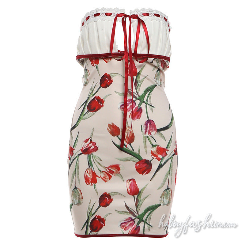 Pleated self tie hollow out flower print tube mini dress