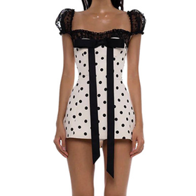 Bowknot polka dot ruffle puff sleeve mini dress  | Festival Outfits Women