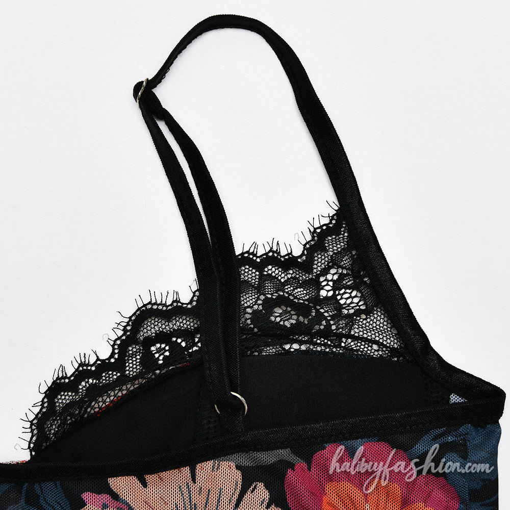 Lace hem v neck flower print mesh cami bodysuit