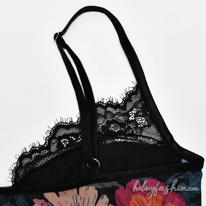 Lace hem v neck flower print mesh cami bodysuit