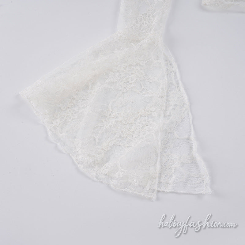 Long flared sleeve lace see through irregular top