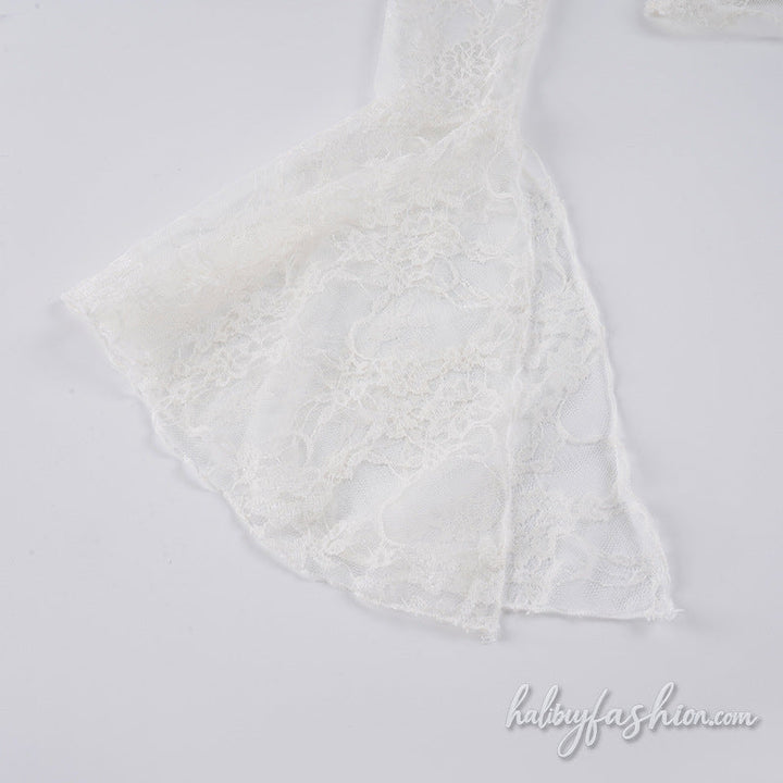 Long flared sleeve lace see through irregular top