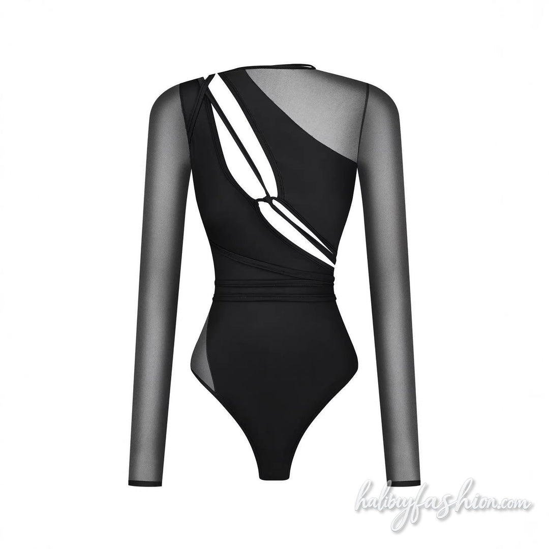 Long sleeve hollow out crewneck mesh bodysuit