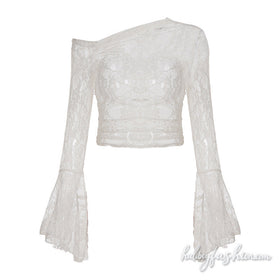 Long flared sleeve lace see through irregular top