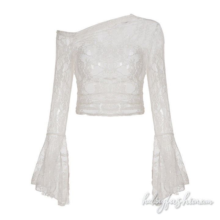 Long flared sleeve lace see through irregular top