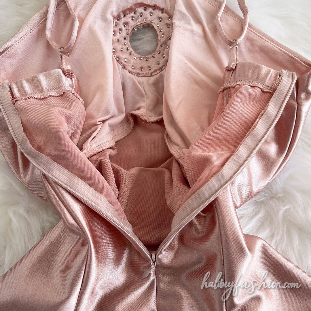 Backless ruched zip-up beaded satin mini dress