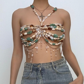 Beaded hollow out metal chain cami cut out top  | Festival Outfits Women