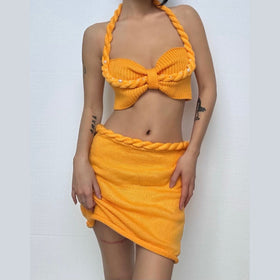Halter knitted lace up beaded zip up mini skirt set  | Festival Outfits Women