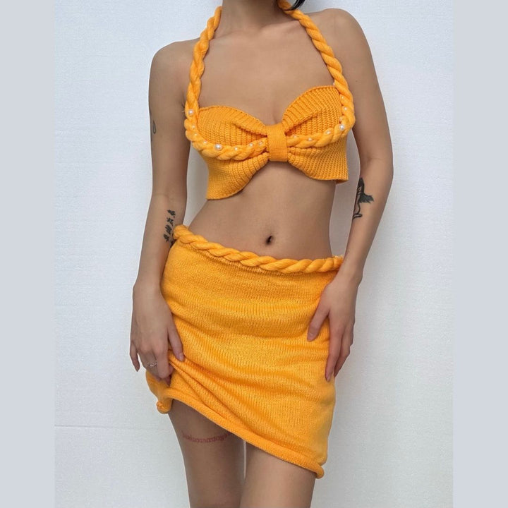 Halter knitted lace up beaded zip up mini skirt set  | Festival Outfits Women