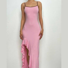Irregular ruffle backless solid u neck cami maxi dress-final-sale  | Festival Outfits Women