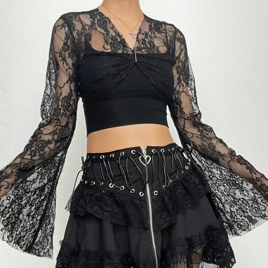 Flared sleeve ruched lace solid shrug top