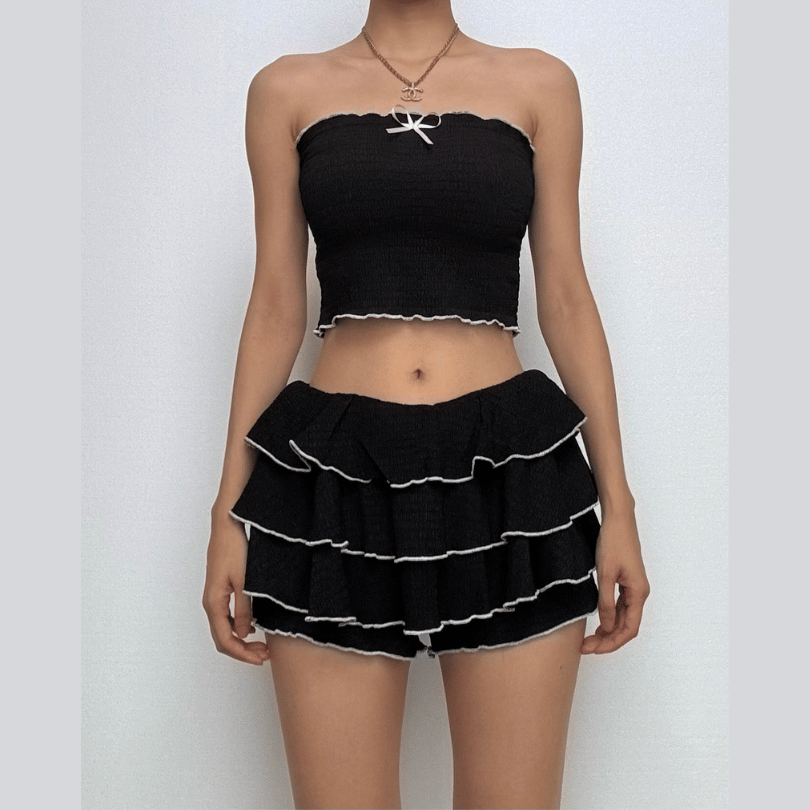 Bowknot ruched ruffle tube mini skirt set  | Festival Outfits Women