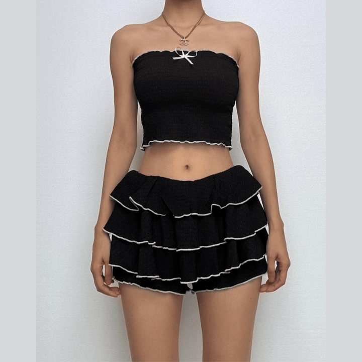 Bowknot ruched ruffle tube mini skirt set  | Festival Outfits Women