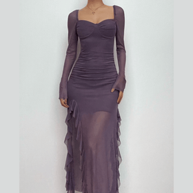 Mesh ruffle solid long sleeve ruched self tie slit maxi dress  | Festival Outfits Women