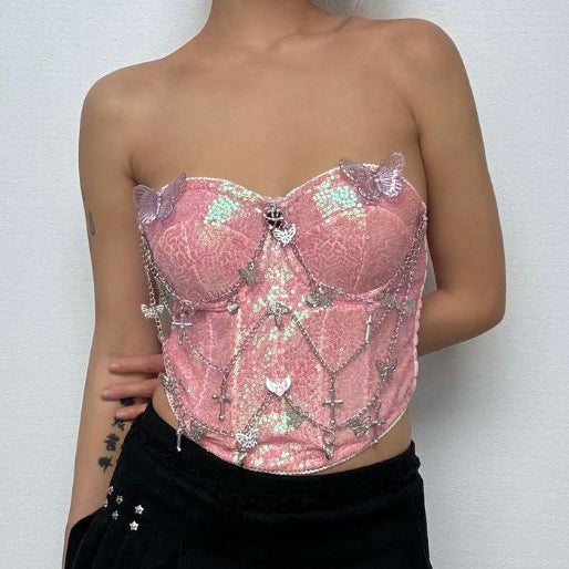 Glitter metal chain butterfly applique tube top  | Festival Outfits Women