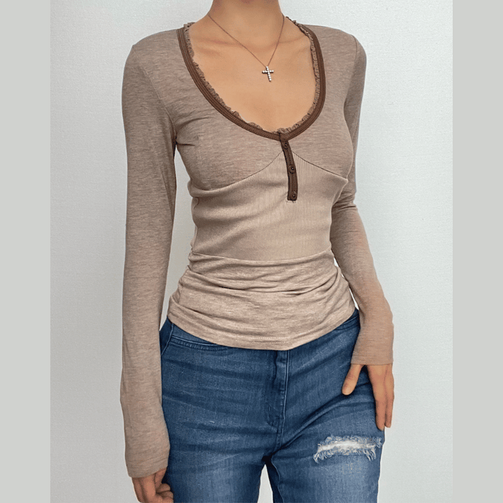 Ribbed button v neck lace hem long sleeve top  | Festival Outfits Women