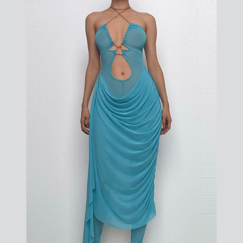 Metal chain halter ruched sheer mesh hollow out cut out maxi dress  | Festival Outfits Women