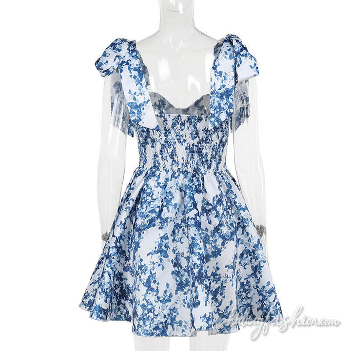 Print v neck smocked self tie cami mini dress