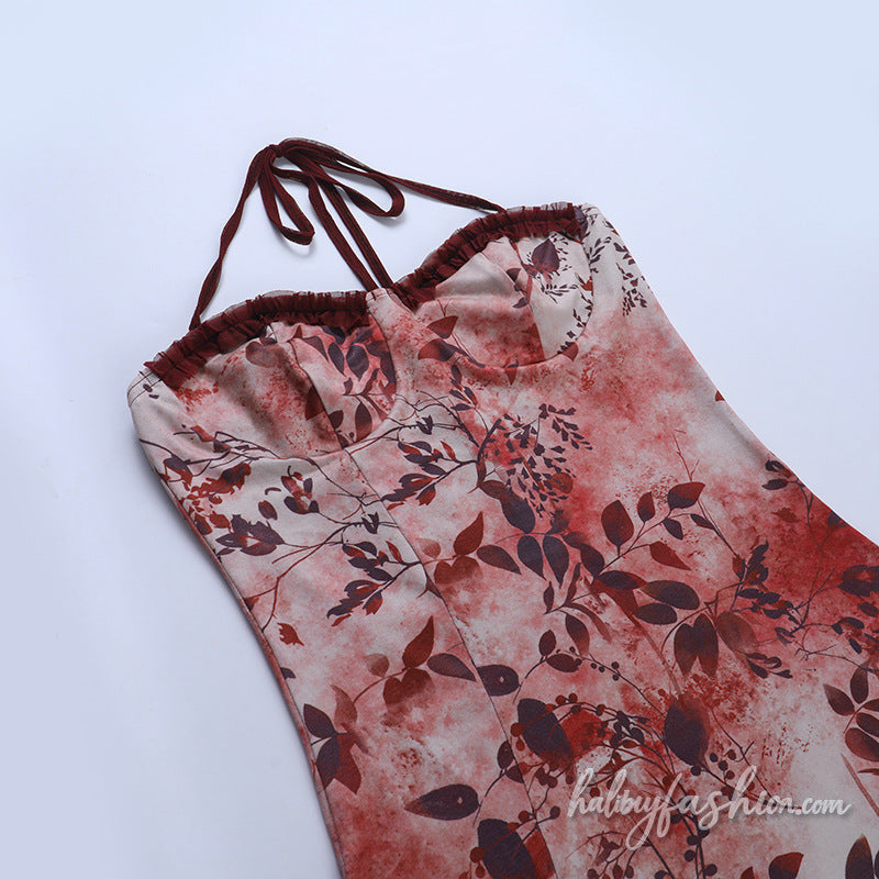 Irregular ruffle lace halter self tie maxi dress