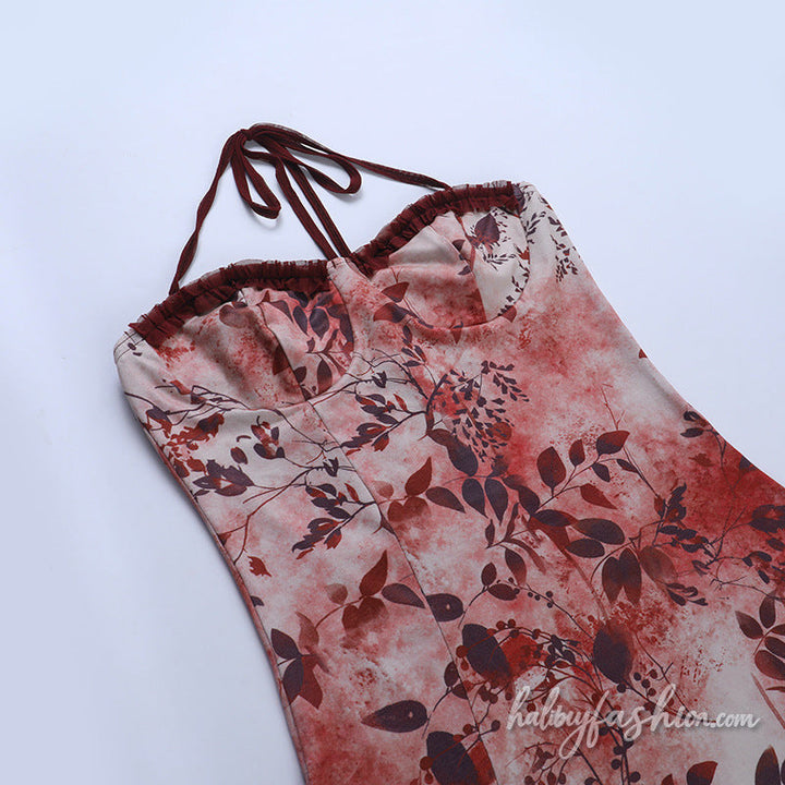 Irregular ruffle lace halter self tie maxi dress